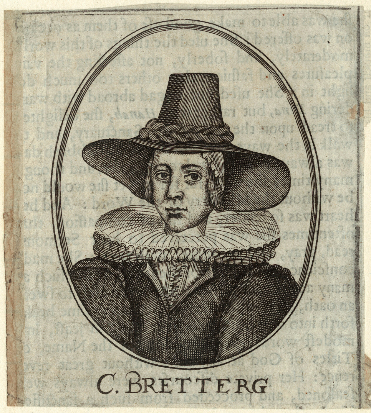 Line engraving of Katharine Brettergh, with C. Bretterg printed underneath the portrait. 