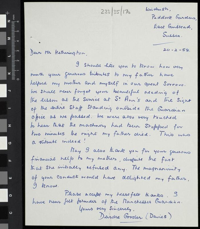 Letter from Deidre Gooder (Davies) to Mrs Hetherington
