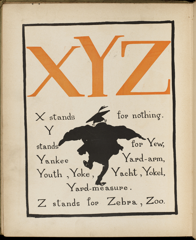 A view of Dr Jollyboy from the back, wearing a black gown and jumping excitedly between the letters x, y and z.