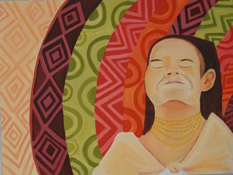 Painting of a woman with her head raised and her eyes closed, wearing a large necklace. Behind her is an array of patterns and colours, banded as in wider concentric circles.