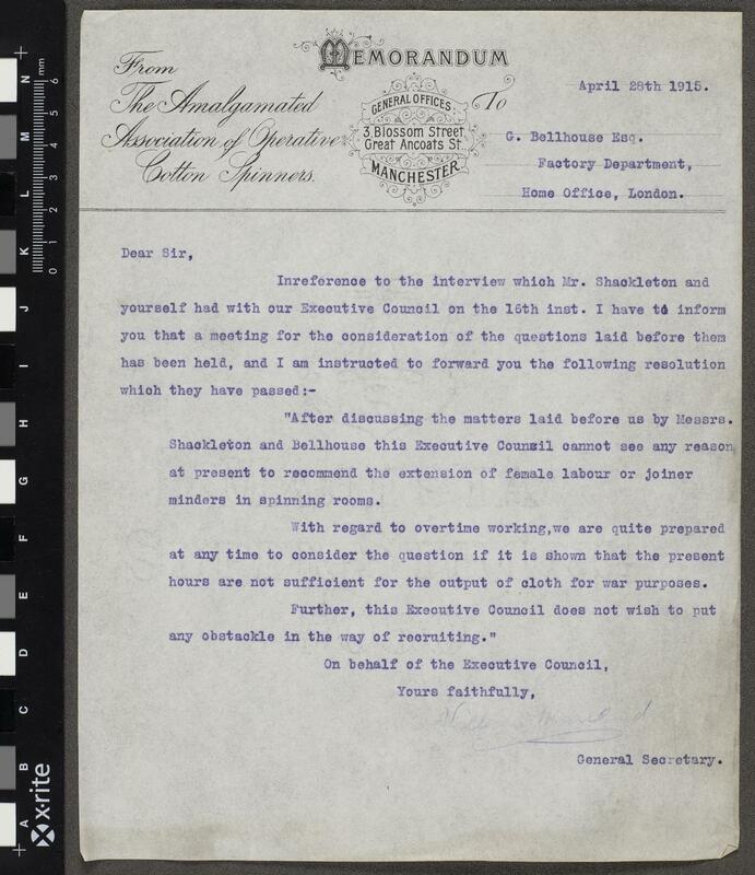 Typewritten memorandum from William Marsland, General Secretary of The Amalgamated Association of Operative Cotton Spinners Manchester, to Gerald Bellhouse at the Factory Department of the Home Office London.