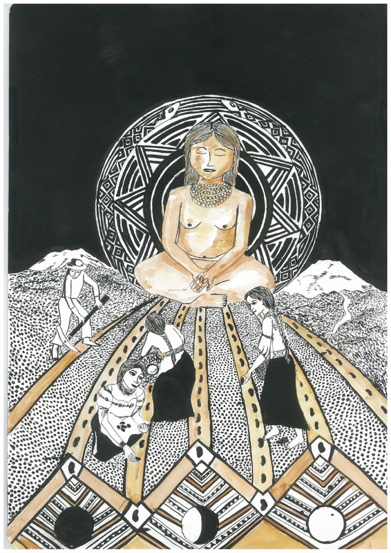 A woman [Goddess] dressed only in a necklace sits across a valley, nestled between mountains, with a circular pattern behind her. In front there are four people toiling in the fields.  