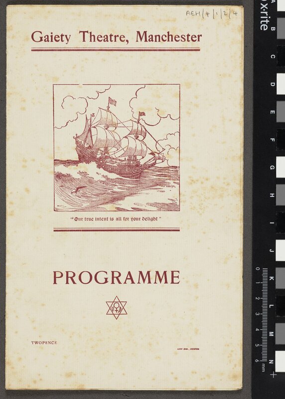 Theatre programme for Alice in Wonderland, front cover depicts sketch of the Gaiety ship along with the Gaiety's motto 'our true intent is all for your delight'.  Featuring hexagram motif and price below.