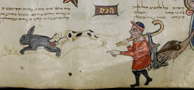 Crop from Hebrew MS 6, showing a hare-hunt and the hunter with the dead hare on his back.