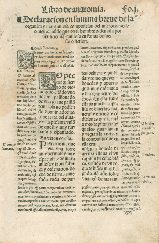 Page from the 1542 printed edition of Libro de anatomia