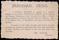 Card advertising a meeting on the Transvaal Crisis in Oldham.