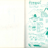 A white notepad page in green ink with simple, unframed sketches and handwritten notes. Key elements include:A woman and a wolf-headed figure in urban outfits. The woman thinks, “You can feel the altitude.” A mountain labeled Cerro Rico (Mount Rich) with a note: “It should be called Mount Poor. It’s cold.” A miner with a cigarette, hammering a wall. Nearby: a bag of “Coca” leaves and a flask of “Pure alcohol.” A note: “Miners live in the worst conditions. I dislike this kind of tourism.” Sketches of coca leaves and Aymara-style women. One yells insults like, “Go back to your country!” Observations: “There are many stray dogs.” A short-haired woman lying down with notes pointing to ailments: “Congested,” “Burnt myself waxing,” “Bad stomach,” and “Itchy legs.”