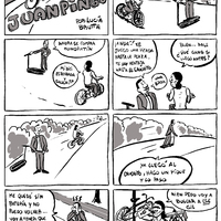 A one-page comic showing a man in a suit riding an electric scooter challenges a cyclist wearing a vest to a race. The first one to the square wins a beer. The first man offers to wait until the other gets to the shrine to the folk saint Gauchito Gil, but his scooter runs out of battery leaving him stranded by the side of the road. The other man is then seen sitting by the shrine drinking wine out of a carton and laughing at the first ma