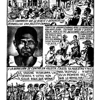 The cover of a book, titled “Graphic history of the fight for land [rights] in the Atlantic coastal [region of Colombia]”. The drawings are attributed to Ulianov Chalarka and the book itself to Fundación del Sinú. The cover shows four title pages, each relating to short stories in the book. They are titled: “Tinajones: a village fighting for its land”; “El Boche: a rebel peasant farmer from the Sinú”; “Lomagrande: the bastion of the Sinú”; “Felicita Campos: the woman peasant farmer fighting for land”.