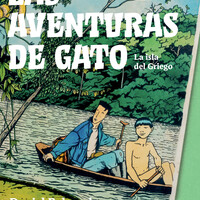 Title page to Las aventuras del Gato: La isla del griego, showing two figures paddling a canoe on a river in the rainforest.