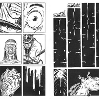 A two-page extract from a longer work. The first page depicts an Indigenous man having his throat cut and heart removed by another Indigenous man. The second shows the blood from his heart seeping down into the earth.