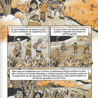 Page from a comic in shades of brown, oker, and sepia, showing how Abelardo Zamora, wishing to join the ideal of defending people in poverty due to dispossession, in the 1970s, joined a movement of landless peasants who had been left out of the agrarian reform. The drawings show peasant men and women who work in the fields and raise wooden sticks on their hands to demand justice. The final text summarizes: "This mass of peasants who were not always considered suffered oppression, oblivion in the peasant world, and even oppression from their own partners at the cooperative. That is why in 1979 the largest invasion of agricultural lands took place in upper Piura."
