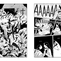 A two-page extract from a longer work. On the left-hand splash page, a woman in Indigenous dress holds a machete in each hand, one slicing down through the neck of a man. The room they are in is covered with blood splatters. On the right, the protagonist calms another woman who is frightened by the attack.