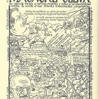 The title of this single image is written in a typescript reminiscent of early Spanish chronicles. The composite frame includes Indigenous people protesting the sale of their ancestral land reservations in the Amazon. Soldiers fire on the protestors from helicopters and from behind riot shields. Dead bodies lie in the foreground. At the side various political figures comment on the protests, using nationalistic slogans to critique the protestors. An explanatory text runs around the image.