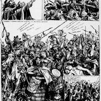  A four-panel comics page, the main panel of which depicts a large crowd of Indigenous people, some of whom are on horseback and armed with spears. In the foreground there is a woman beating a drum. An inset panel depicts the protagonist, Manquillán, speaking to another woman as he is about to join the others on a raid.