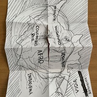 An unfolded zine with the sketched face of a woman over a drawn outline map of Colombia. Various key words are placed over the drawing