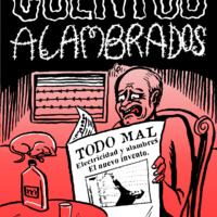 Illustrated cover to a zine showing a man in distress sat at a desk reading a newspaper,  on the cover of which is a man caught in barbed wire. 