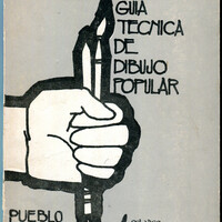 The image shows a hand firmly holding a brush and pencil. The title Brief Technical Guide to Popular Drawing is visible (Breve guía técnica del dibujo popular).
