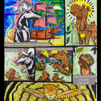 A single page comic-strip with three tiers and six panels in colour. The panels narrate the story of the invasion of the Americas by the Spanish, depicted as rats who arrive on ships, carrying ambitions and diseases. The Indigenous people, who are depicted as capybaras (large South American semi-aquatic vegetarian rodents), fall victim to the rats’ swords and illnesses. The final panel, occupying the whole bottom tier, shows a hybrid entity composed of a jaguar, a condor and an eagle, with a serpentine body in the background. The text says “When the struggle of the condor, the eagle and the jaguar are united, the world of Abya Yala will be better”.