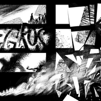 The top panel shows shadowy black figures against a white background, resembling migrants walking through a desert. The second tier features the word "Negros" in large, bold, capitalized black letters. The third panel presents a shadowy black figure in the foreground, mirrored in the background. The bottom panel displays a white dust cloud.