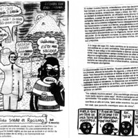 Two pages of a zine are shown. A large three-quarter-page drawing shows two characters from the TV series Fantasy Island, standing against a background of low-income housing in Lima. One of them draws the other’s attention to a caricatured Black man in the foreground, using racist language; the Black man reacts angrily. Most of the rest of the pages have text discussing racism in Peru, which is presented as if paragraphs had been cut out and glued onto the page, slightly askew. At the bottom of the second page, there is a comic-strip of four panels, showing a cartoon round black face wondering what genetic ancestry a Peruvian person might have, other than the Indigenous and African parentage that all Peruvians supposedly have traces of. He concludes that it must be “the genes of the Chinese shopkeeper on the corner”.