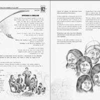 These pages include textual extracts that relate to drawing bodies as produced by the Escuela Panamericana de Arte. The text also includes descriptions of life in a Wichi community, as well as additional text in Wichi, which is not translated. The text is accompanied by drawings of community activities, and a set of sketched faces with a set of guidelines over and around them.