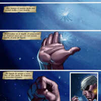 A page with four horizontal panels shows a dandelion floating down against a blue background toward a light-brown-skinned hand. Each panel includes text about hope, oppression, legacy, and revenge. As the dandelion reaches the hand, it closes into a fist, clasping the flower. In an inset frame at the bottom, Zambo Dendé, a muscular young man with angular features, a turban, and shadowed eyes, stares seriously at the dandelion clasped between his fingers.
