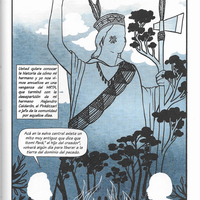 A night-time valley scene showing a blue snake with white geometric patterns. A the top stands a figure holding a flowered staff-axe. A text box describes Itomi Pavá, a legendary saviour who restores balance to the High Jungle during times of enslavement. Below, a man recounts Pavá’s past aid, speaking to a young woman.